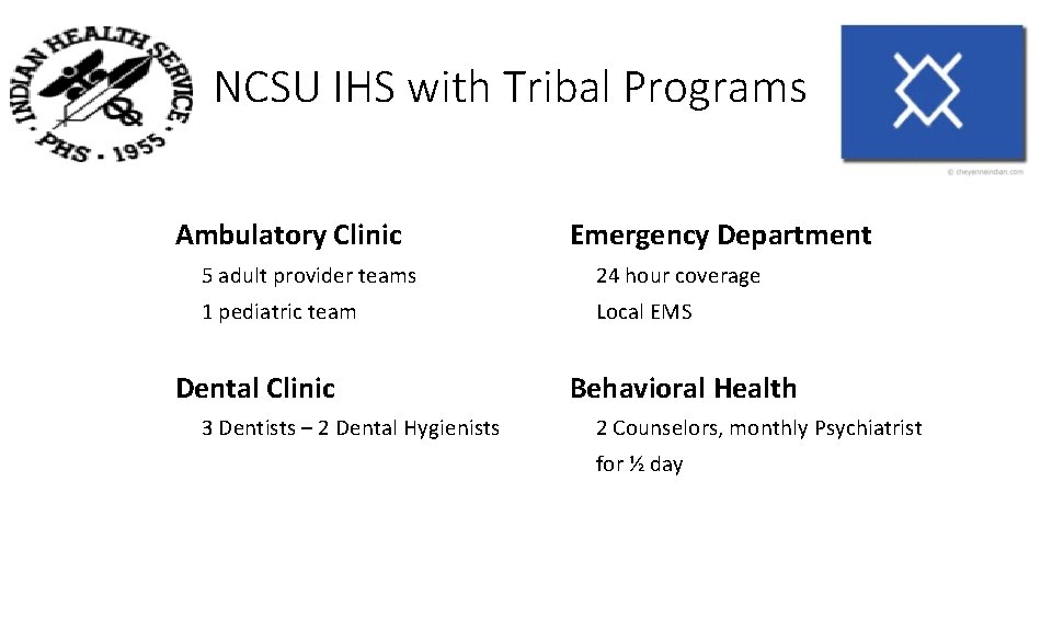 NCSU IHS with Tribal Programs Ambulatory Clinic Emergency Department 5 adult provider teams 24 NCSU IHS with Tribal Programs Ambulatory Clinic Emergency Department 5 adult provider teams 24