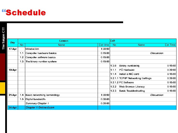 The Saigon CTT }Schedule 