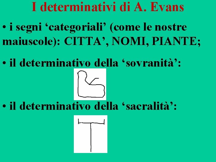 I determinativi di A. Evans • i segni ‘categoriali’ (come le nostre maiuscole): CITTA’,