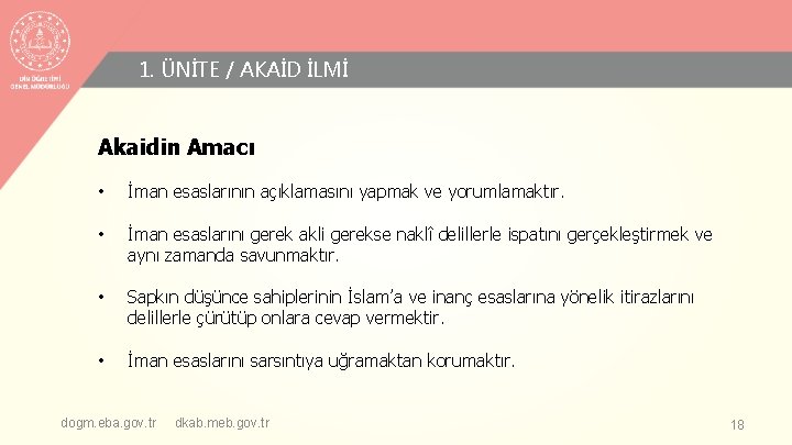 1. ÜNİTE / AKAİD İLMİ Akaidin Amacı • İman esaslarının açıklamasını yapmak ve yorumlamaktır.