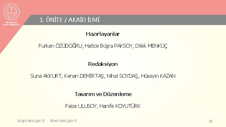 1. ÜNİTE / AKAİD İLMİ Hazırlayanlar Furkan ÖZÜDOĞRU, Hatice Büşra PAKSOY, Dilek MENKÜÇ Redaksiyon