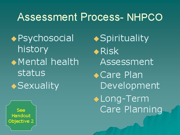 Assessment Process- NHPCO u Psychosocial history u Mental health status u Sexuality See Handout