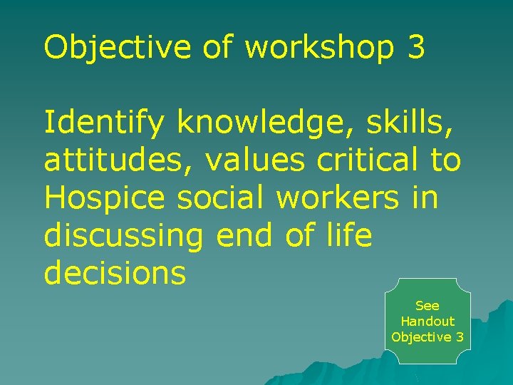 Objective of workshop 3 Identify knowledge, skills, attitudes, values critical to Hospice social workers