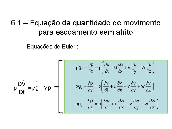 6. 1 – Equação da quantidade de movimento para escoamento sem atrito Equações de