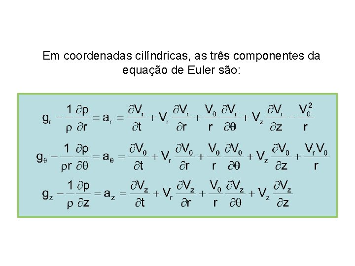 Em coordenadas cilíndricas, as três componentes da equação de Euler são: 