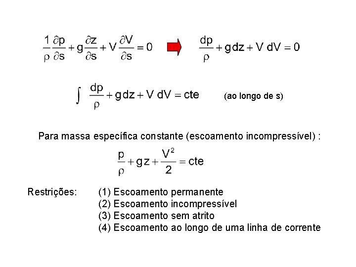 (ao longo de s) Para massa específica constante (escoamento incompressível) : Restrições: (1) Escoamento