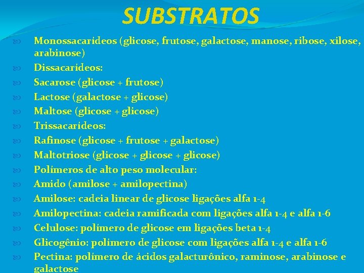 SUBSTRATOS Monossacarídeos (glicose, frutose, galactose, manose, ribose, xilose, arabinose) Dissacarídeos: Sacarose (glicose + frutose)