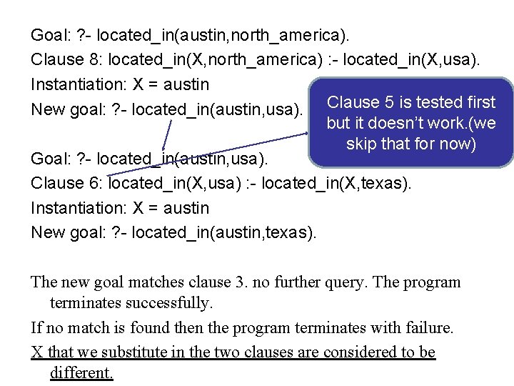 Goal: ? - located_in(austin, north_america). Clause 8: located_in(X, north_america) : - located_in(X, usa). Instantiation: Goal: ? - located_in(austin, north_america). Clause 8: located_in(X, north_america) : - located_in(X, usa). Instantiation: