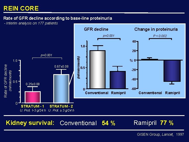 REIN CORE Rate of GFR decline according to base-line proteinuria - Interim analysis on