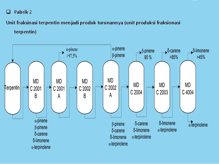 q Pabrik 2 Unit fraksinasi terpentin menjadi produk turunannya (unit produksi fraksionasi terpentin) q Pabrik 2 Unit fraksinasi terpentin menjadi produk turunannya (unit produksi fraksionasi terpentin)