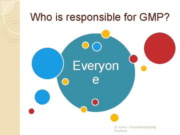 Who is responsible for GMP? Everyon e Dr. Arora - Good Manufacturing Practices 