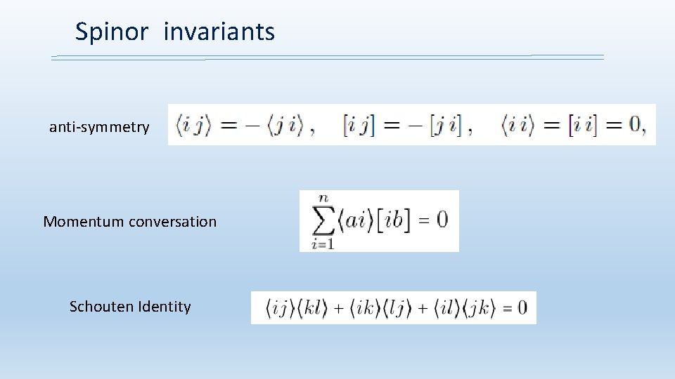 Spinor invariants anti-symmetry Momentum conversation Schouten Identity 