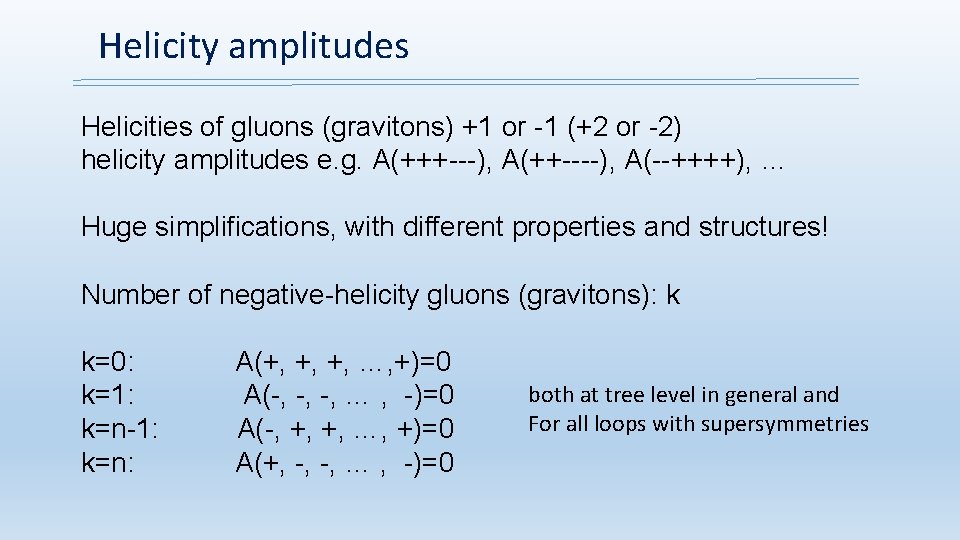 Helicity amplitudes Helicities of gluons (gravitons) +1 or -1 (+2 or -2) helicity amplitudes