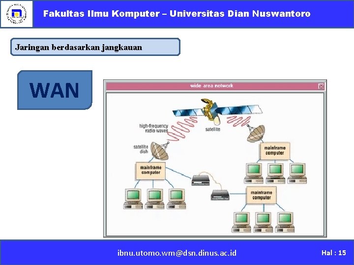 Fakultas Ilmu Komputer – Universitas Dian Nuswantoro Jaringan berdasarkan jangkauan WAN ibnu. utomo. wm@dsn.