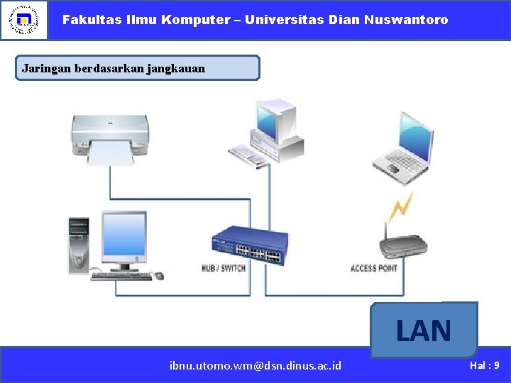 Fakultas Ilmu Komputer – Universitas Dian Nuswantoro Jaringan berdasarkan jangkauan LAN ibnu. utomo. wm@dsn.