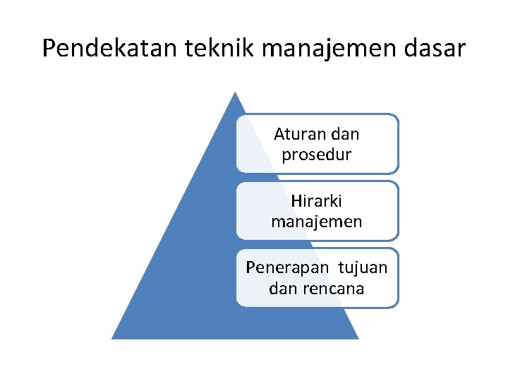 Pendekatan teknik manajemen dasar Aturan dan prosedur Hirarki manajemen Penerapan tujuan dan rencana 