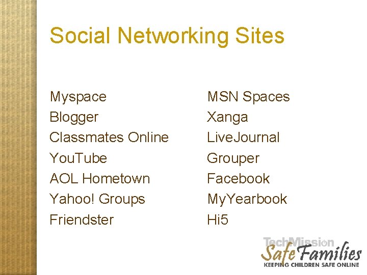 Social Networking Sites Myspace Blogger Classmates Online You. Tube AOL Hometown Yahoo! Groups Friendster