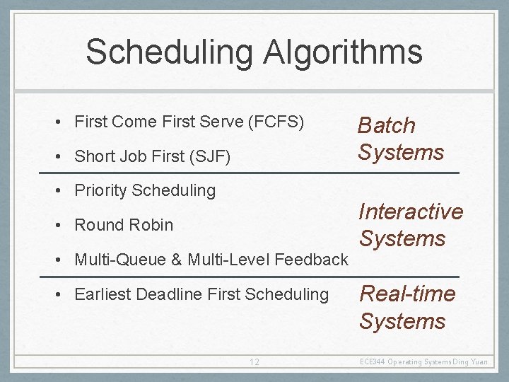 Scheduling Algorithms • First Come First Serve (FCFS) • Short Job First (SJF) •