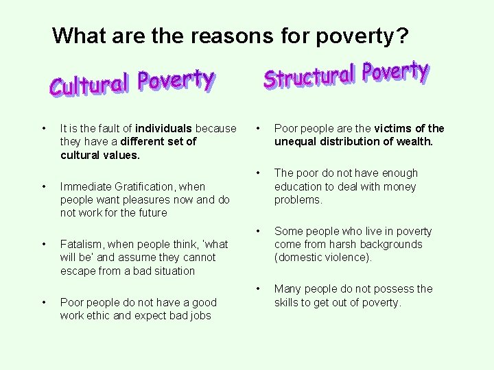What are the reasons for poverty? • • It is the fault of individuals