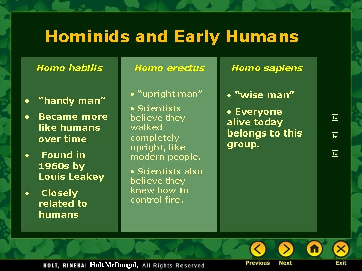 Hominids and Early Humans Homo habilis • “handy man” • Became more like humans
