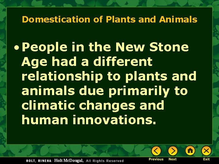 Domestication of Plants and Animals • People in the New Stone Age had a