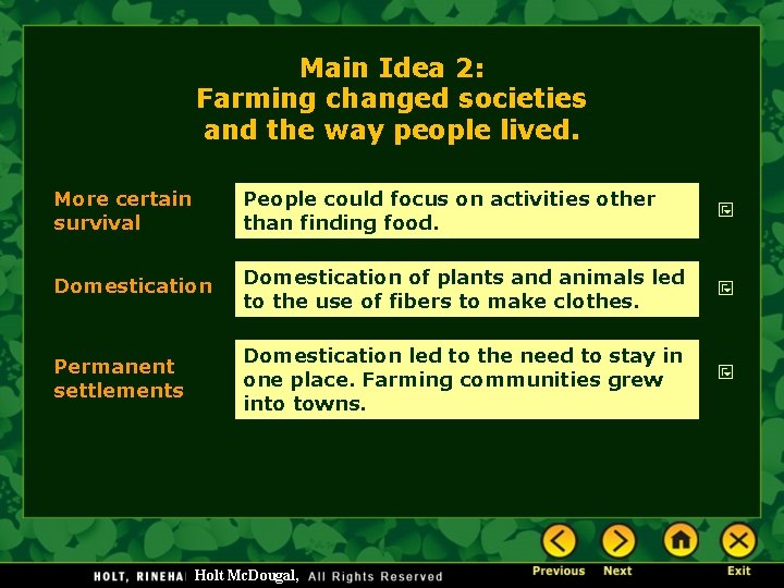 Main Idea 2: Farming changed societies and the way people lived. More certain survival