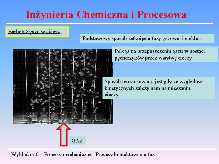 Inżynieria Chemiczna i Procesowa Barbotaż gazu w cieczy Podstawowy sposób zetknięcia fazy gazowej i