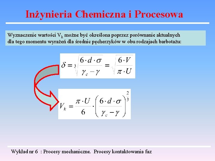 Inżynieria Chemiczna i Procesowa Wyznaczenie wartości Vk możne być określona poprzez porównanie aktualnych dla