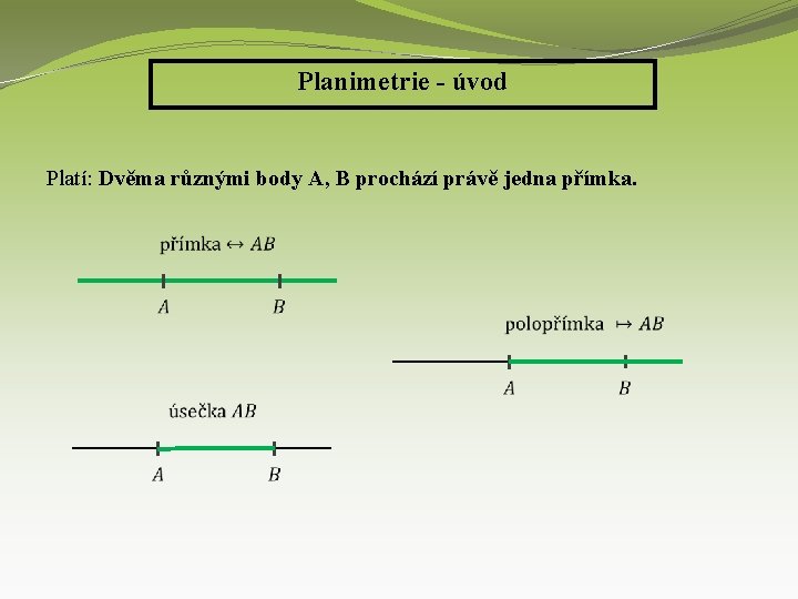 Planimetrie - úvod Platí: Dvěma různými body A, B prochází právě jedna přímka. 