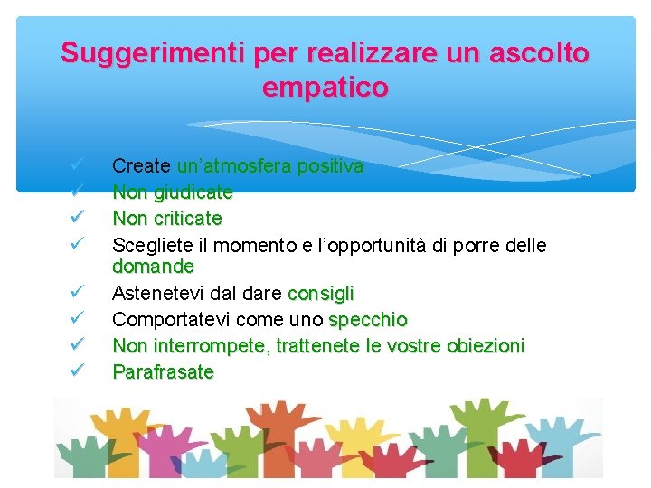 Suggerimenti per realizzare un ascolto empatico Create un’atmosfera positiva Non giudicate Non criticate Scegliete