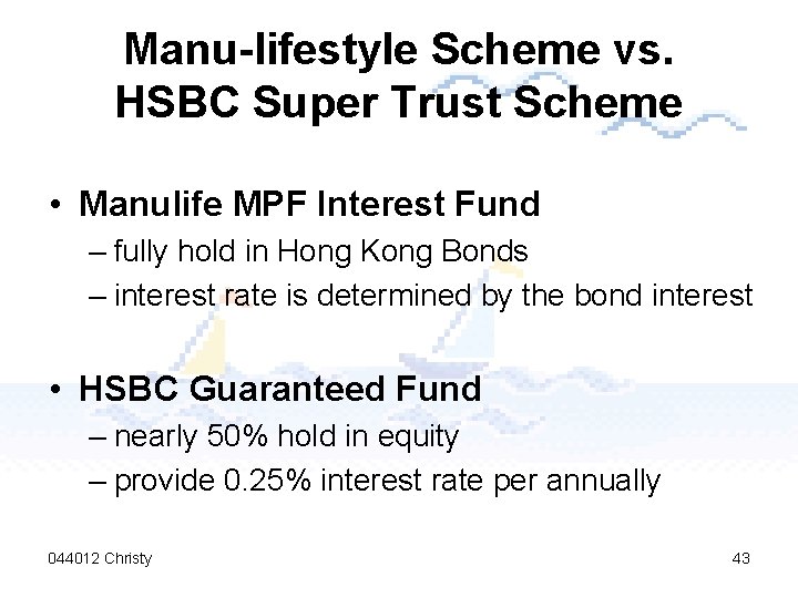 Manu-lifestyle Scheme vs. HSBC Super Trust Scheme • Manulife MPF Interest Fund – fully