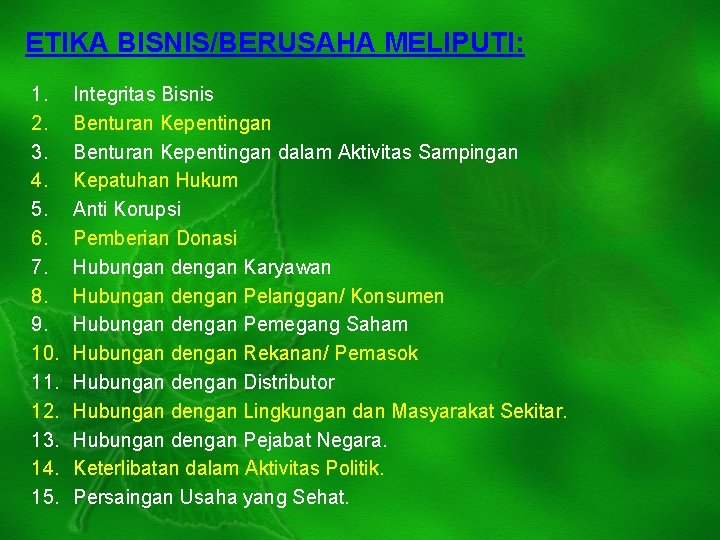 ETIKA BISNIS/BERUSAHA MELIPUTI: 1. 2. 3. 4. 5. 6. 7. 8. 9. 10. 11.