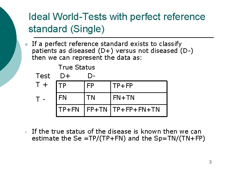 Ideal World-Tests with perfect reference standard (Single) l If a perfect reference standard exists