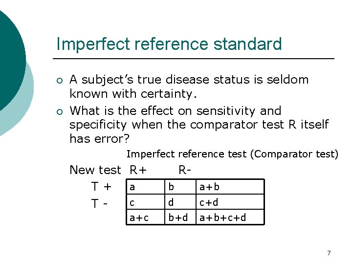Imperfect reference standard ¡ ¡ A subject’s true disease status is seldom known with