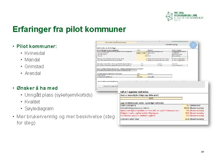 Erfaringer fra pilot kommuner • Pilot kommuner: • • Kvinesdal Mandal Grimstad Arendal •