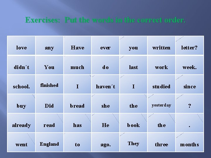 Exercises: Put the words in the correct order. love any Have ever you written