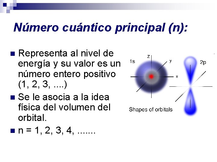 Número cuántico principal (n): Representa al nivel de energía y su valor es un