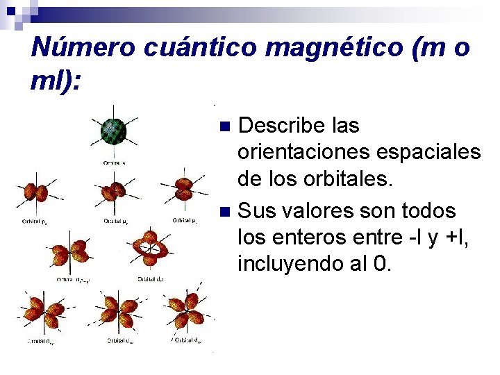 Número cuántico magnético (m o ml): Describe las orientaciones espaciales de los orbitales. n