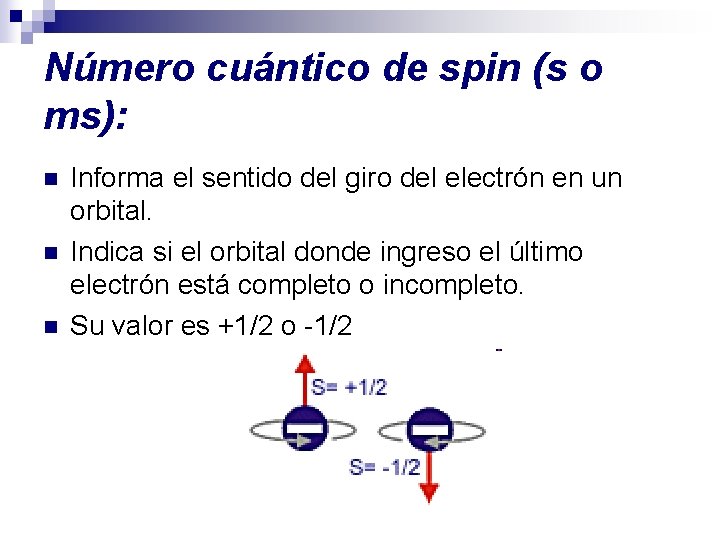 Número cuántico de spin (s o ms): n n n Informa el sentido del