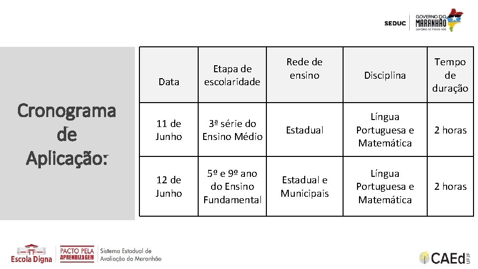 Cronograma de Aplicação: Data Etapa de escolaridade 11 de Junho 3ª série do Ensino