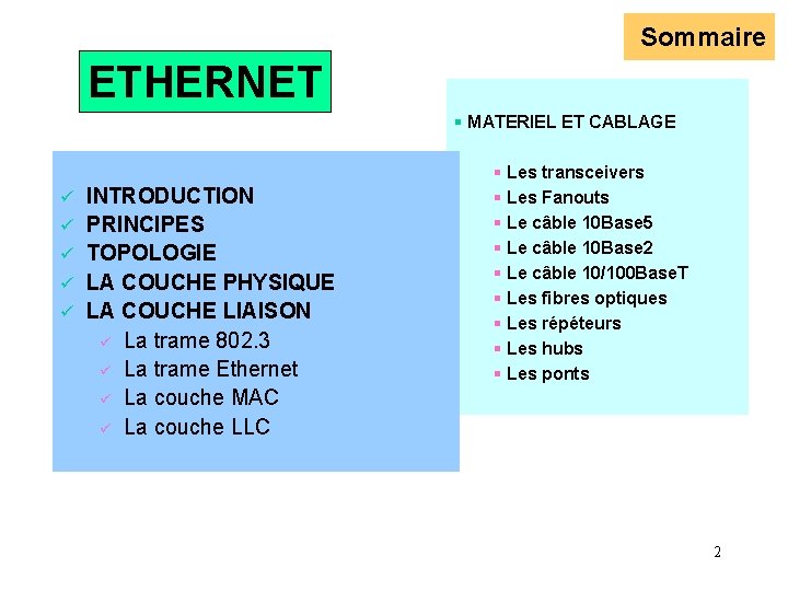 Sommaire ETHERNET § MATERIEL ET CABLAGE ü INTRODUCTION ü PRINCIPES ü TOPOLOGIE ü LA Sommaire ETHERNET § MATERIEL ET CABLAGE ü INTRODUCTION ü PRINCIPES ü TOPOLOGIE ü LA