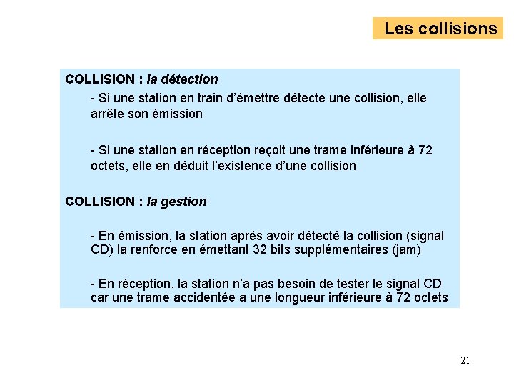 Les collisions COLLISION : la détection - Si une station en train d’émettre détecte Les collisions COLLISION : la détection - Si une station en train d’émettre détecte