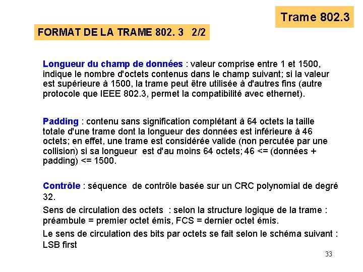 Trame 802. 3 FORMAT DE LA TRAME 802. 3 2/2 Longueur du champ de Trame 802. 3 FORMAT DE LA TRAME 802. 3 2/2 Longueur du champ de