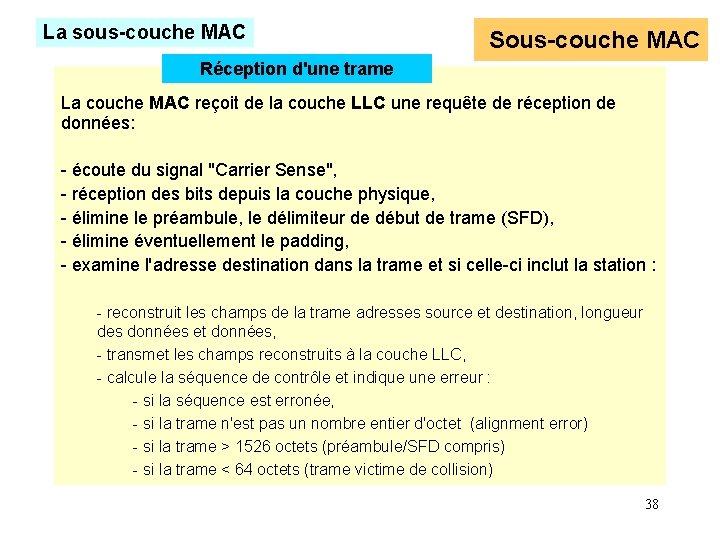 La sous-couche MAC Sous-couche MAC Réception d'une trame La couche MAC reçoit de la La sous-couche MAC Sous-couche MAC Réception d'une trame La couche MAC reçoit de la