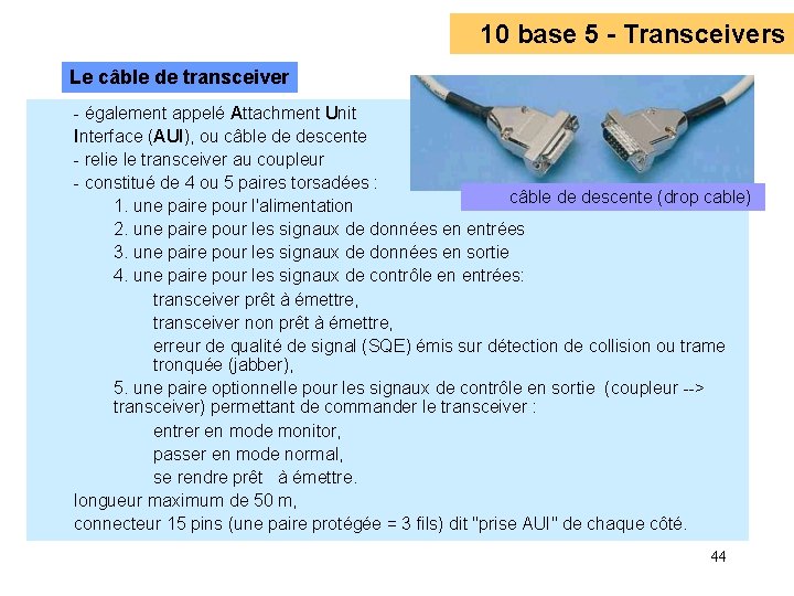 10 base 5 - Transceivers Le câble de transceiver - également appelé Attachment Unit 10 base 5 - Transceivers Le câble de transceiver - également appelé Attachment Unit