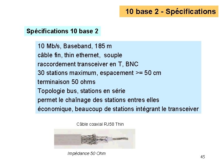 10 base 2 - Spécifications 10 base 2 10 Mb/s, Baseband, 185 m câble 10 base 2 - Spécifications 10 base 2 10 Mb/s, Baseband, 185 m câble