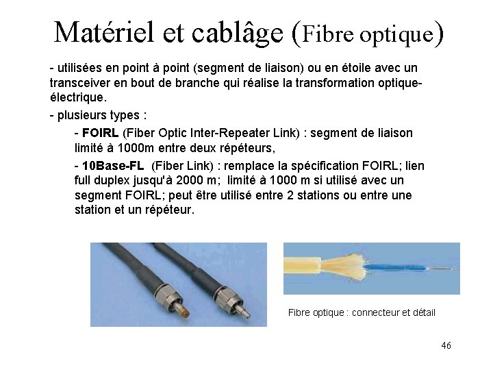 Matériel et cablâge (Fibre optique) - utilisées en point à point (segment de liaison) Matériel et cablâge (Fibre optique) - utilisées en point à point (segment de liaison)