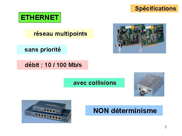 Spécifications ETHERNET réseau multipoints sans priorité débit : 10 / 100 Mb/s avec collisions Spécifications ETHERNET réseau multipoints sans priorité débit : 10 / 100 Mb/s avec collisions