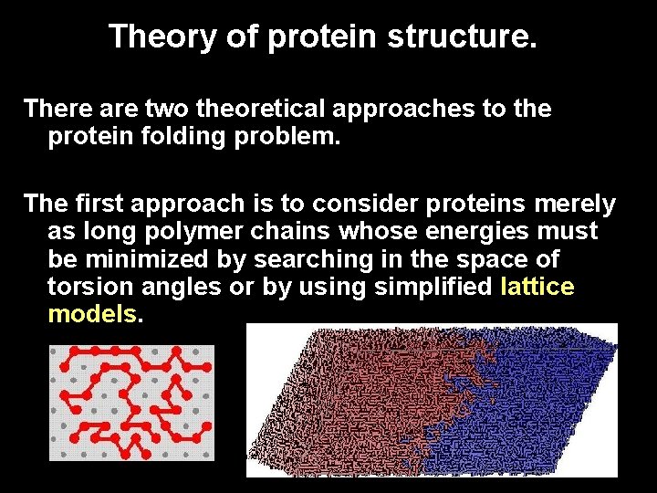 Theory of protein structure. There are two theoretical approaches to the protein folding problem. Theory of protein structure. There are two theoretical approaches to the protein folding problem.