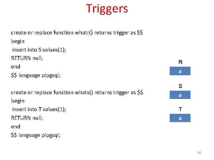 Triggers create or replace function whatr() returns trigger as $$ begin insert into S